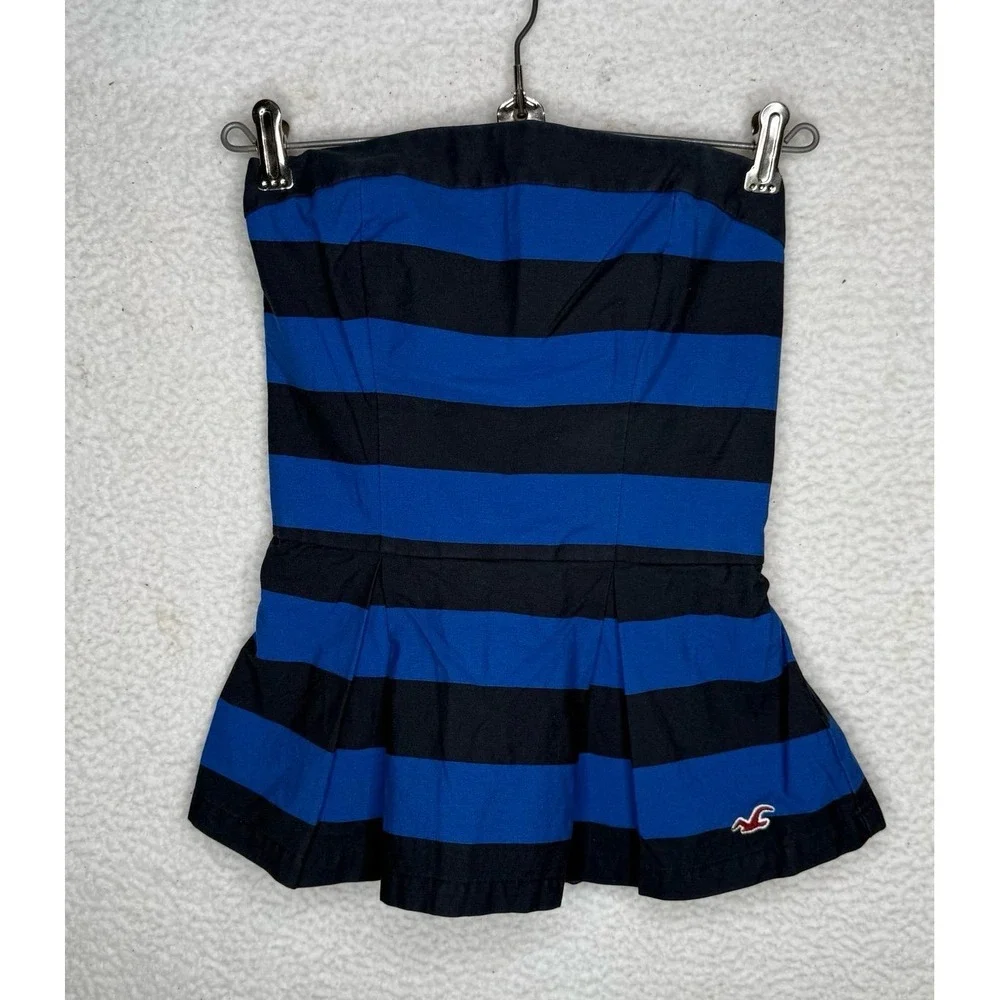 Hollister Blue Striped Strapless Peplum Tube Top Smocked Back Women's S Y2K EUC